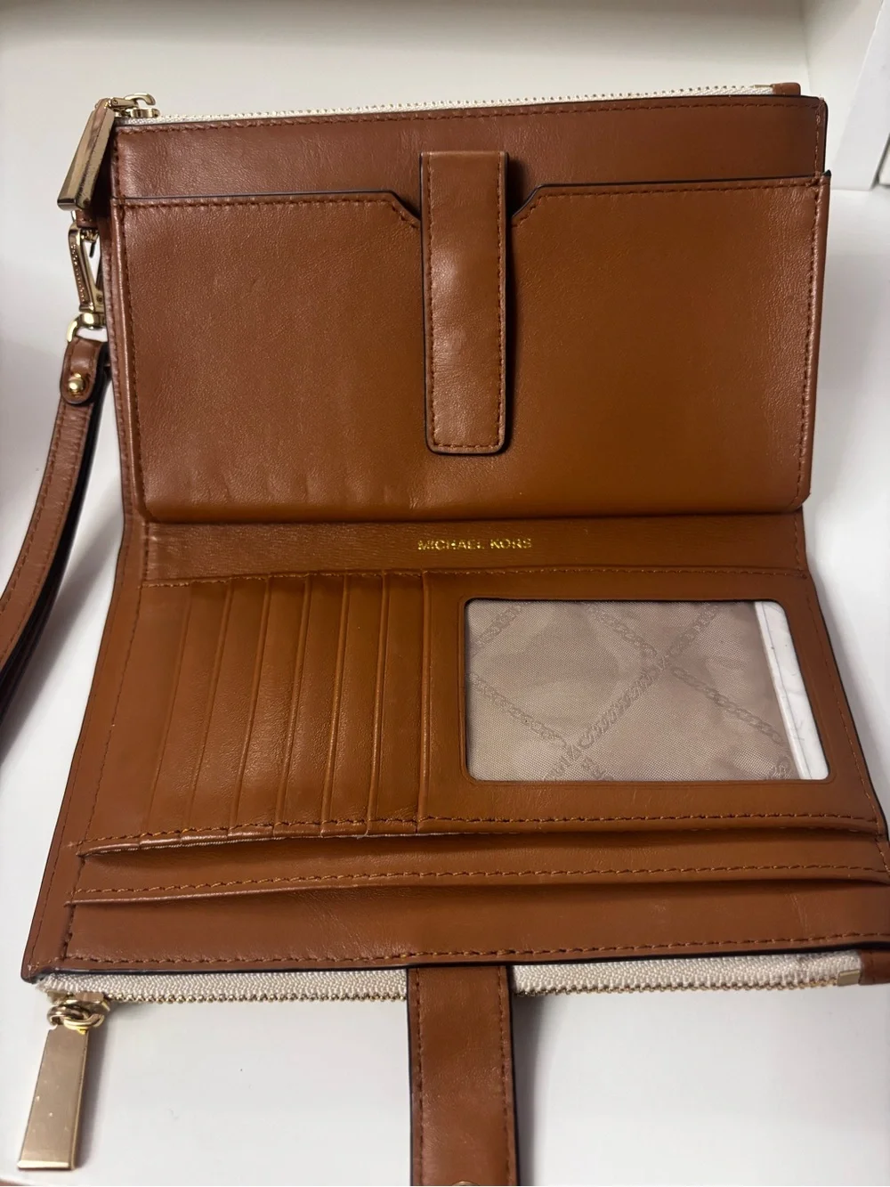 Michael Kors Cream and Tan Logo Zip Wristlet with Gold Hardware